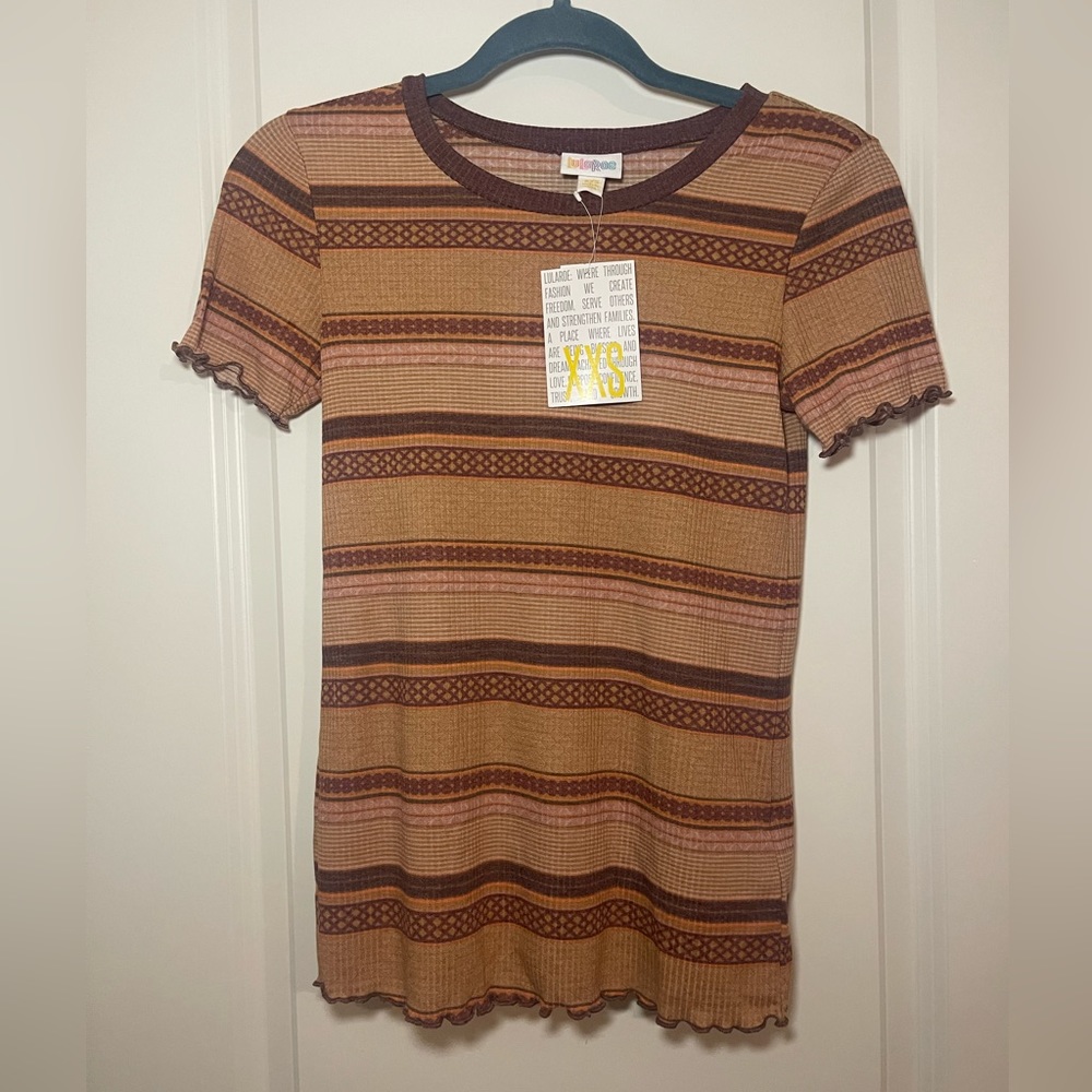 NWT Women’s LuLaRoe Ribbed Baby Tee Short Sleeve Orange Stripes Retro Size XXS